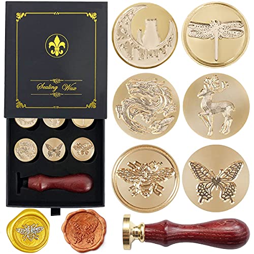 KKSUBCA Wax Seal Stamp Gift Box Set, 6 Pcs Sealing Wax Stamps Copper Seals 1 Wooden Hilt, Wax Stamp Kit for Cards Envelopes, Gift Packaging (Animal Insect Series) - Image 1