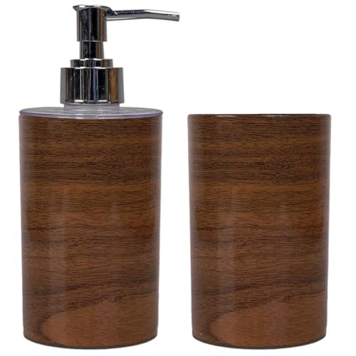 SHENRON Toothbrush Holder and Handwash Liquid Dispenser for Wash Basin, Bathroom and Sink, Combo Bathroom Accessories Set for Utility and Bathroom Décor (Wooden Brown) - Image 1