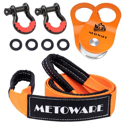 METOWARE Offroad Recovery Kit - 10 Ton Heavy Duty Winch Snatch Block Pulley, 3" x8' Tree Saver Strap and 2pk 3/4" D Ring Shackles - Image 1