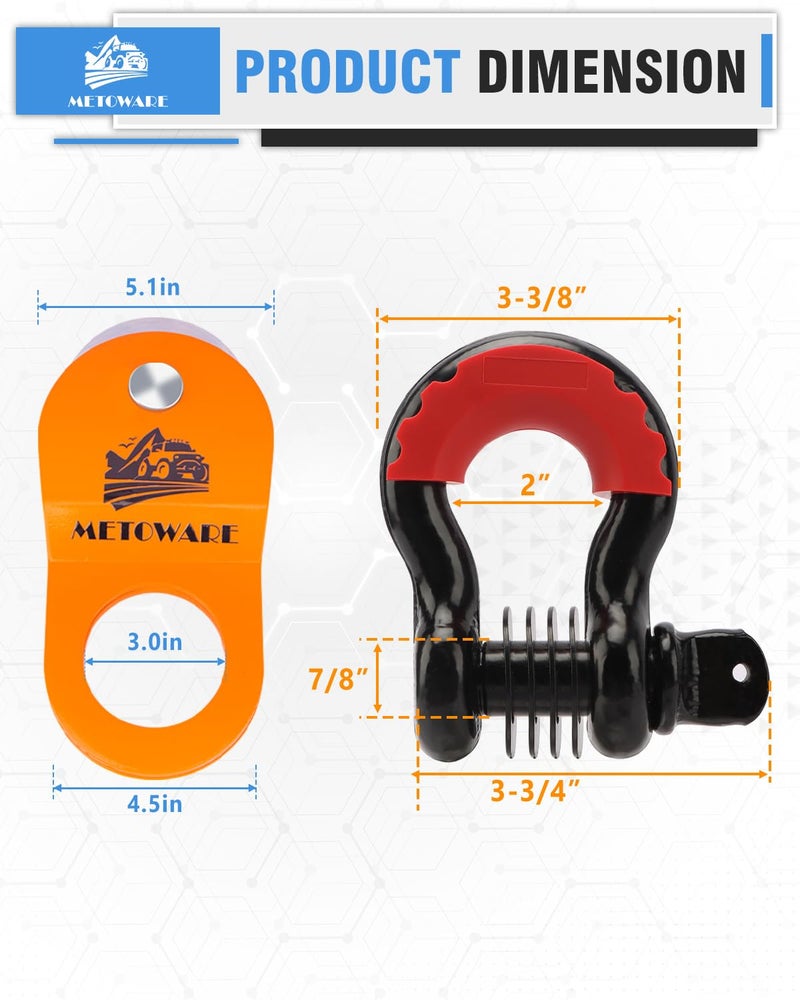 METOWARE Offroad Recovery Kit - 10 Ton Heavy Duty Winch Snatch Block Pulley, 3" x8' Tree Saver Strap and 2pk 3/4" D Ring Shackles - Image 5