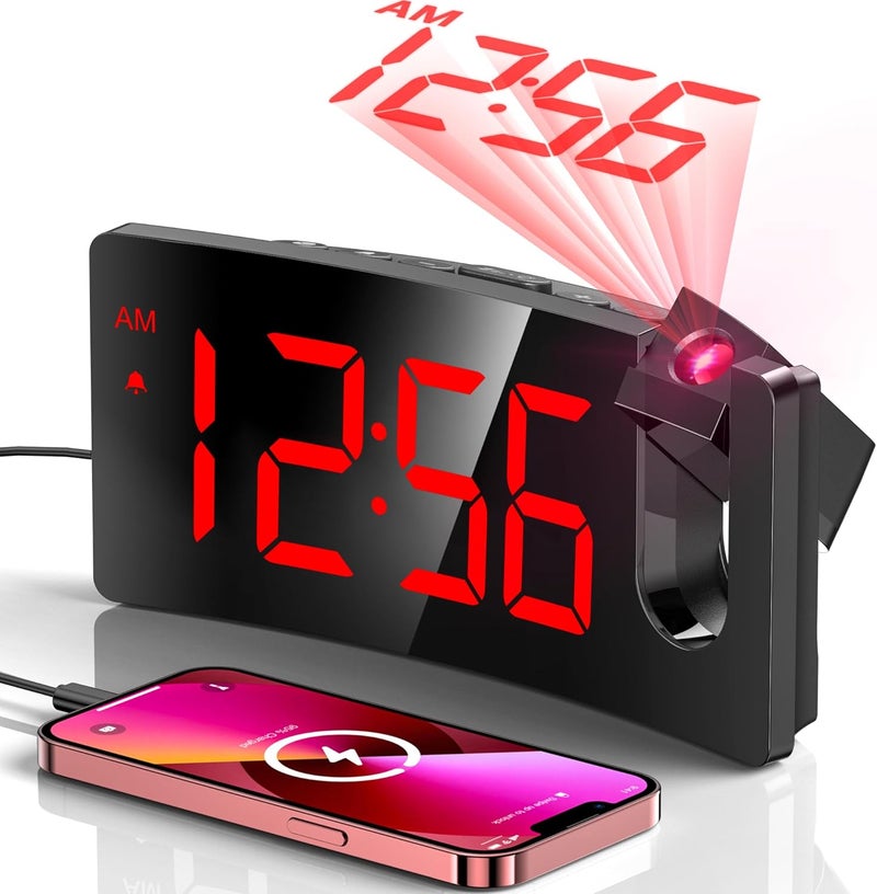 GOLOZA Projection Alarm Clock, Digital Clock with 180° Rotatable Projector, 3-Level Brightness Dimmer, Clear LED Display, USB Charger, Progressive Volume, 9mins Snooze,12/24H, Digital Alarm Clock for Bedroom - Image 1