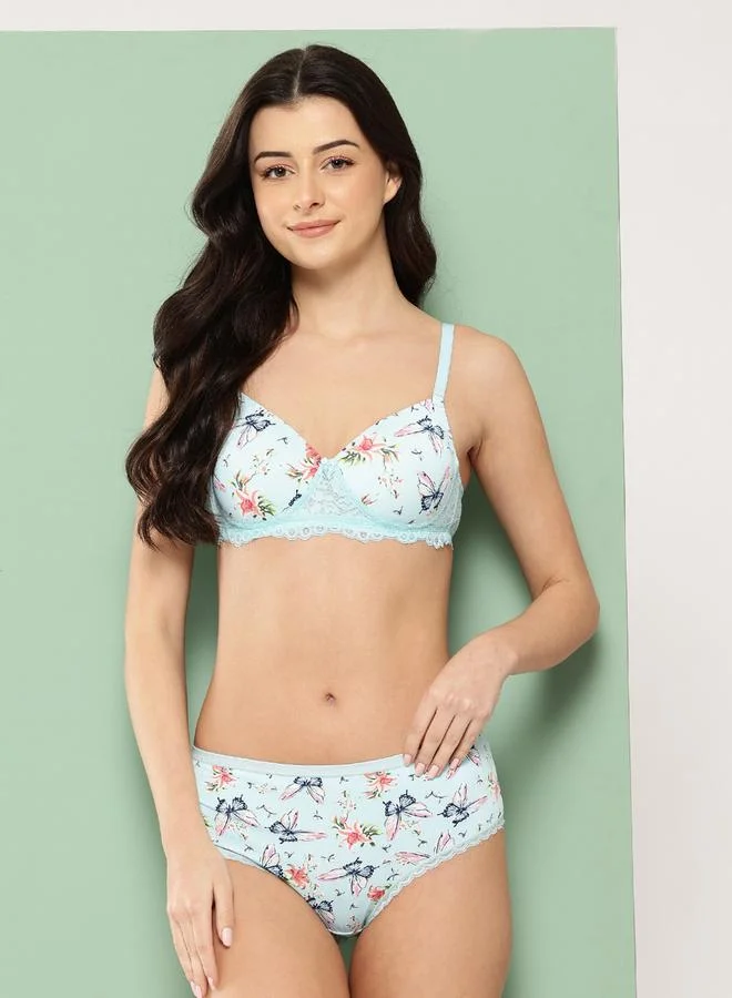 Leading Lady Green Floral Lightly Padded Non Wired Bra and Brief Set