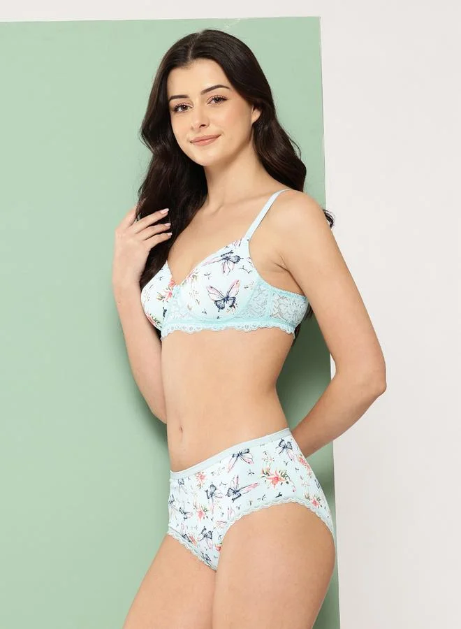 Leading Lady Green Floral Lightly Padded Non Wired Bra and Brief Set