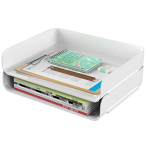 Tomorotec Desk Letter Tray Set, A4 Size White Stackable Document Organizer Office Desktop File Paper Holder Book Storage Rack Side Load Anti-Skid Stacking Support Convex Bottom (2X Landscape) - Image 1