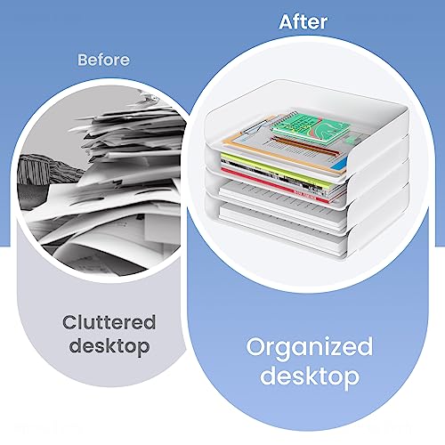 Tomorotec Desk Letter Tray Set, A4 Size White Stackable Document Organizer Office Desktop File Paper Holder Book Storage Rack Side Load Anti-Skid Stacking Support Convex Bottom (2X Landscape) - Image 3