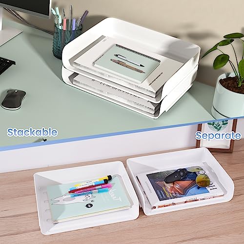Tomorotec Desk Letter Tray Set, A4 Size White Stackable Document Organizer Office Desktop File Paper Holder Book Storage Rack Side Load Anti-Skid Stacking Support Convex Bottom (2X Landscape) - Image 2