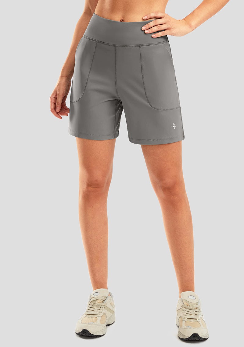 SANTINY Women's 6'' Athletic Long Shorts with 4 Pockets High Waisted Bermuda Shorts for Women Walking Running Casual (Light Grey_L) - Image 3