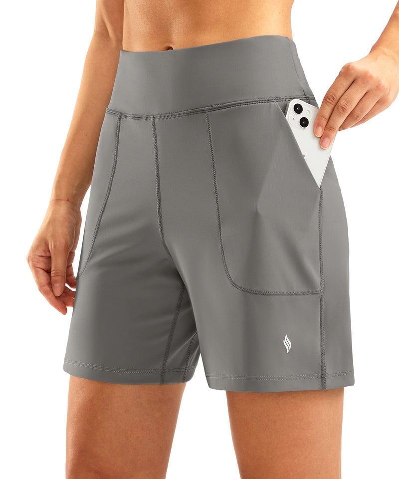 SANTINY Women's 6'' Athletic Long Shorts with 4 Pockets High Waisted Bermuda Shorts for Women Walking Running Casual (Light Grey_L) - Image 1