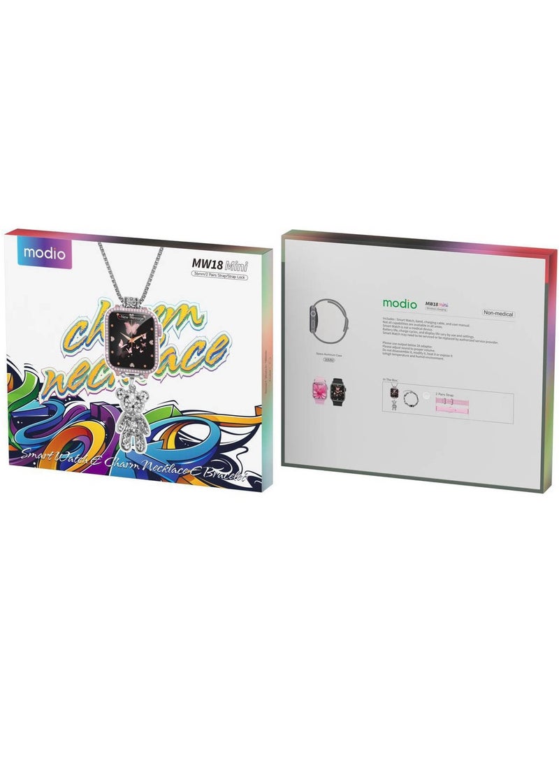 modio Modio MW 18 Mini 36 mm HD Display Smart Watch with 2 Pair Strap and Stylish Chain Necklace and Bracelet with Wireless Charger Pink  - Image 5