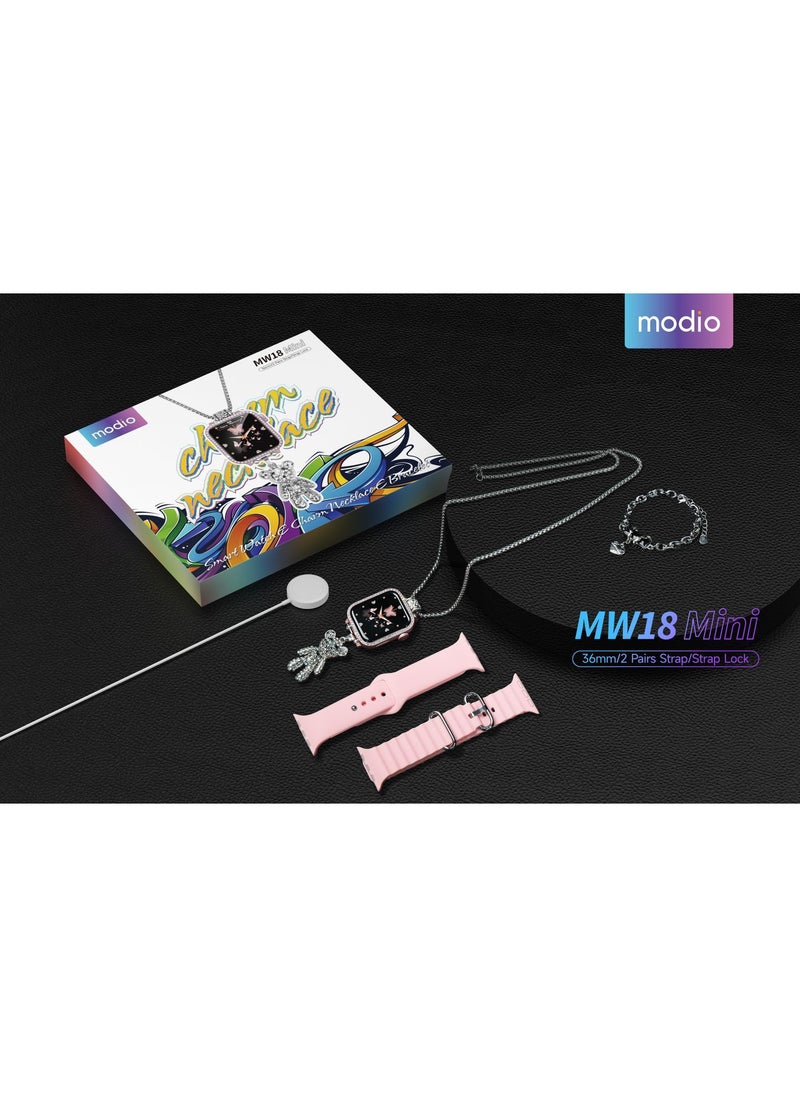 modio Modio MW 18 Mini 36 mm HD Display Smart Watch with 2 Pair Strap and Stylish Chain Necklace and Bracelet with Wireless Charger Pink  - Image 2
