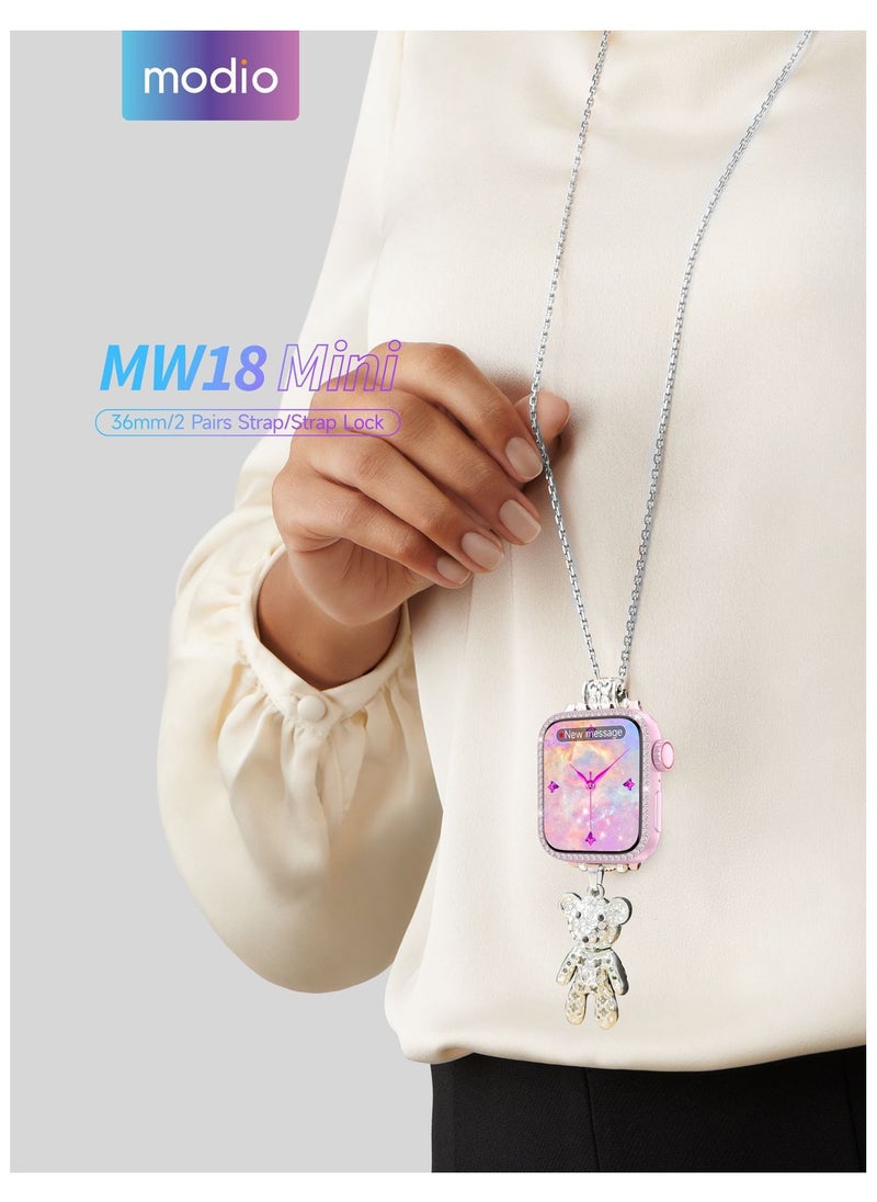 modio Modio MW 18 Mini 36 mm HD Display Smart Watch with 2 Pair Strap and Stylish Chain Necklace and Bracelet with Wireless Charger Pink  - Image 3