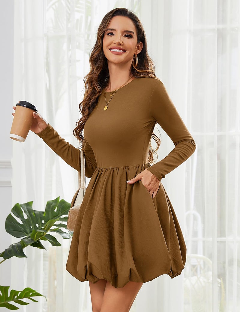 Meetjen Women's 2026 Long Sleeve Short Dresses with Pockets Round Neck Babydoll High Waist Bubble A Line Casual Mini Dress Corset Homecoming Brown L - Image 4
