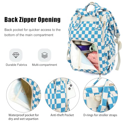 Dezcrab Baby Diaper Bag Backpack for Mom, Large Capacity Travel Nappy Bag for Boys & Girls with Stroller Straps (Corduroy Checkered Blue) - Image 4