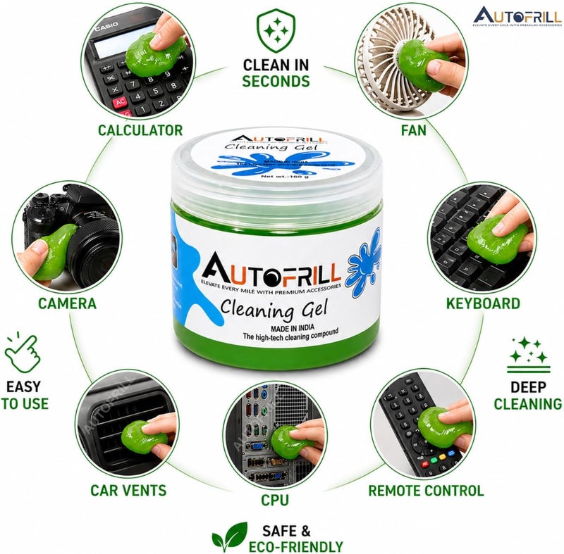 AUTOFRILL جل تنظيف لتنظيف الغبار داخل مداخل تكييف السيارة ولوحة المفاتيح، مجموعة أدوات تنظيف فائقة الكفاءة. مناسبة لتنظيف داخل السيارات، لوحات المفاتيح، أجهزة الكمبيوتر، اللابتوبات. الجل أخضر اللون، وزنه 160 جرام، ويأتي في عبوة تحتوي على قطعتين. - Image 2