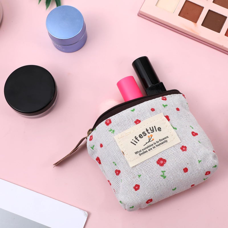 Zyghjort Mini Makeup Bag, 4 Pcs 4Ã—3.7 Inch Linen Floral Small Makeup Bag for Purse Portable Small Zipper Pouch Cute Fabric Mini Cosmetic Bags for Women Girls Home Travel Lipstick Coin Cards Storage (4 Style) - Image 4