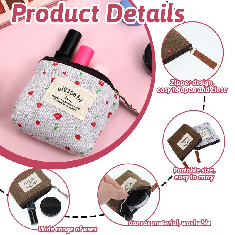 Zyghjort Mini Makeup Bag, 4 Pcs 4Ã—3.7 Inch Linen Floral Small Makeup Bag for Purse Portable Small Zipper Pouch Cute Fabric Mini Cosmetic Bags for Women Girls Home Travel Lipstick Coin Cards Storage (4 Style) - Image 3