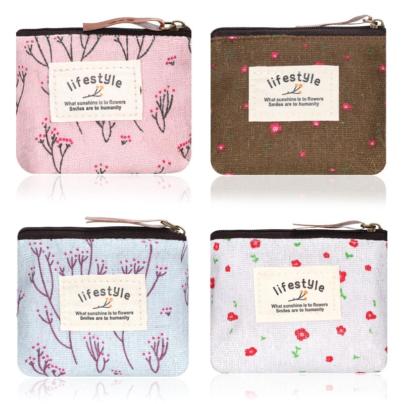 Zyghjort Mini Makeup Bag, 4 Pcs 4Ã—3.7 Inch Linen Floral Small Makeup Bag for Purse Portable Small Zipper Pouch Cute Fabric Mini Cosmetic Bags for Women Girls Home Travel Lipstick Coin Cards Storage (4 Style) - Image 1