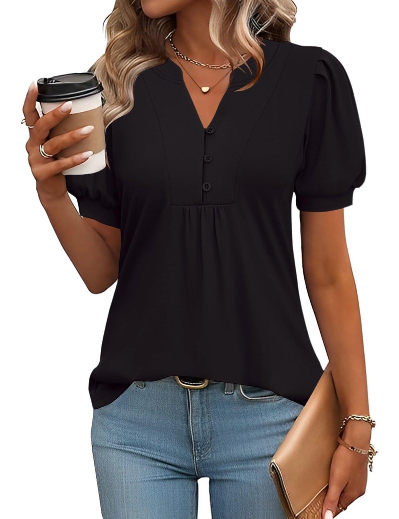 IECCP Womens Summer Tops Dressy Casual Pleated Puff Short Sleeve Blouse Ladies V-Neck Button Down Shirts Cute Work Tunic Tops (Black,S) - Image 1