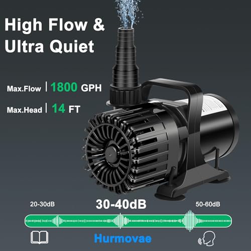 Hurmovae Pond Pump, 1800 GPH & 14ft Lift, 100W Ultra-Quiet Fountain Pump for Fish Koi Pond Waterfall & Water Feature, Submersible Water Pump,180° Adjustable Outlet, Barrier Bag & 20FT Cord, UL Listed - Image 2