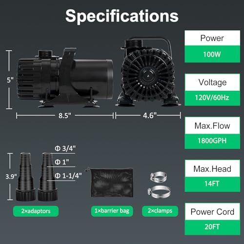 Hurmovae Pond Pump, 1800 GPH & 14ft Lift, 100W Ultra-Quiet Fountain Pump for Fish Koi Pond Waterfall & Water Feature, Submersible Water Pump,180° Adjustable Outlet, Barrier Bag & 20FT Cord, UL Listed - Image 3