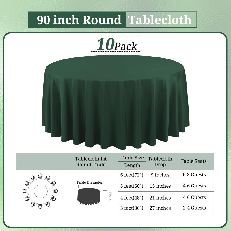 REWOMC 10 Pack Hunter Green Round Tablecloths - 90 Inch, Polyester, Stain and Wrinkle Resistant, Washable Fabric Table Cloth for Wedding Banquet Parties - Image 2