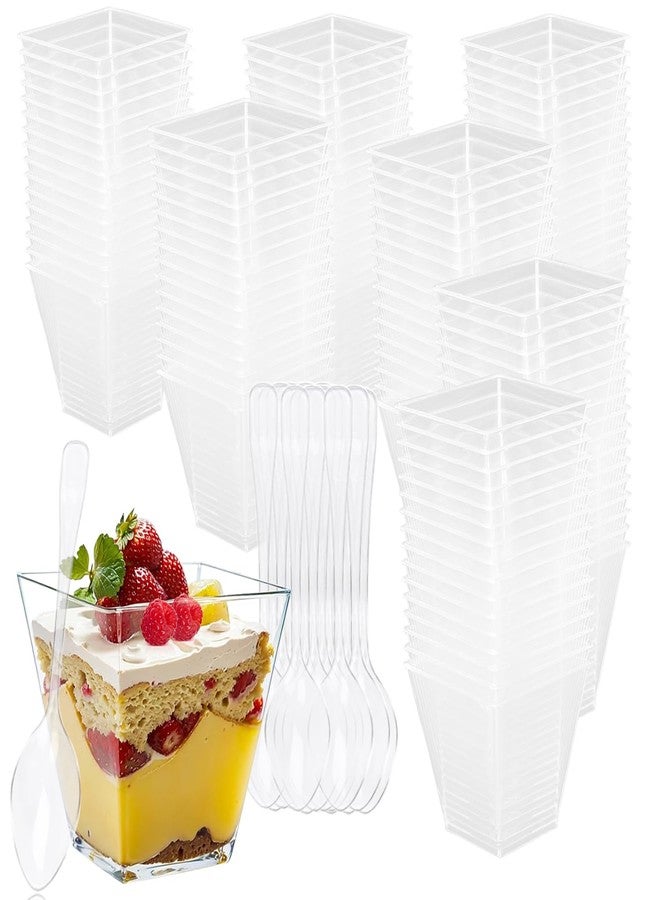 LOSYHU 100 Pack 7 oz Square Plastic Dessert Cups Mini Parfait Cup Plastic Pudding Cups Clear Appetizer Cup with 100 PCS Tasting Spoons for Ice Cream, Salad, Jello, Mousse - Image 1