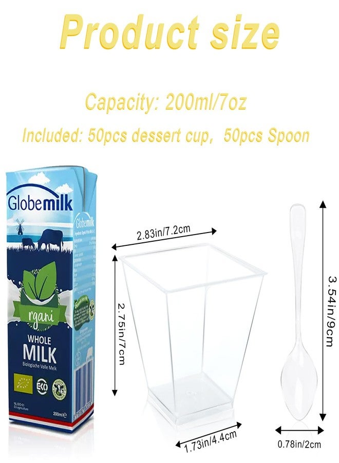 LOSYHU 100 Pack 7 oz Square Plastic Dessert Cups Mini Parfait Cup Plastic Pudding Cups Clear Appetizer Cup with 100 PCS Tasting Spoons for Ice Cream, Salad, Jello, Mousse - Image 2