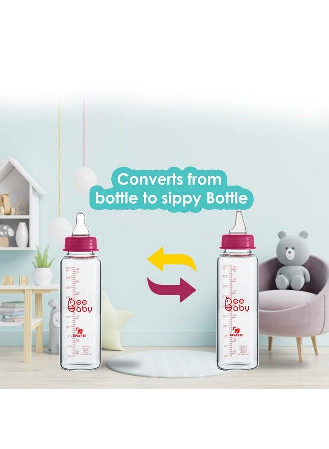 Beebaby 2 In 1 Advance+ Baby Glass Feeding Bottle To Sippy Glass Bottle With Medium Flow Anticolic Silicone Nipple & Free Flow Silicone Sippy Spout. (250 Ml 8 Oz.) (Pink) 3 Months + - Image 4