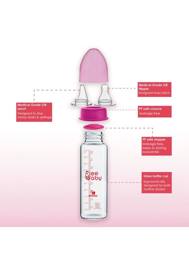 Beebaby 2 In 1 Advance+ Baby Glass Feeding Bottle To Sippy Glass Bottle With Medium Flow Anticolic Silicone Nipple & Free Flow Silicone Sippy Spout. (250 Ml 8 Oz.) (Pink) 3 Months + - Image 5