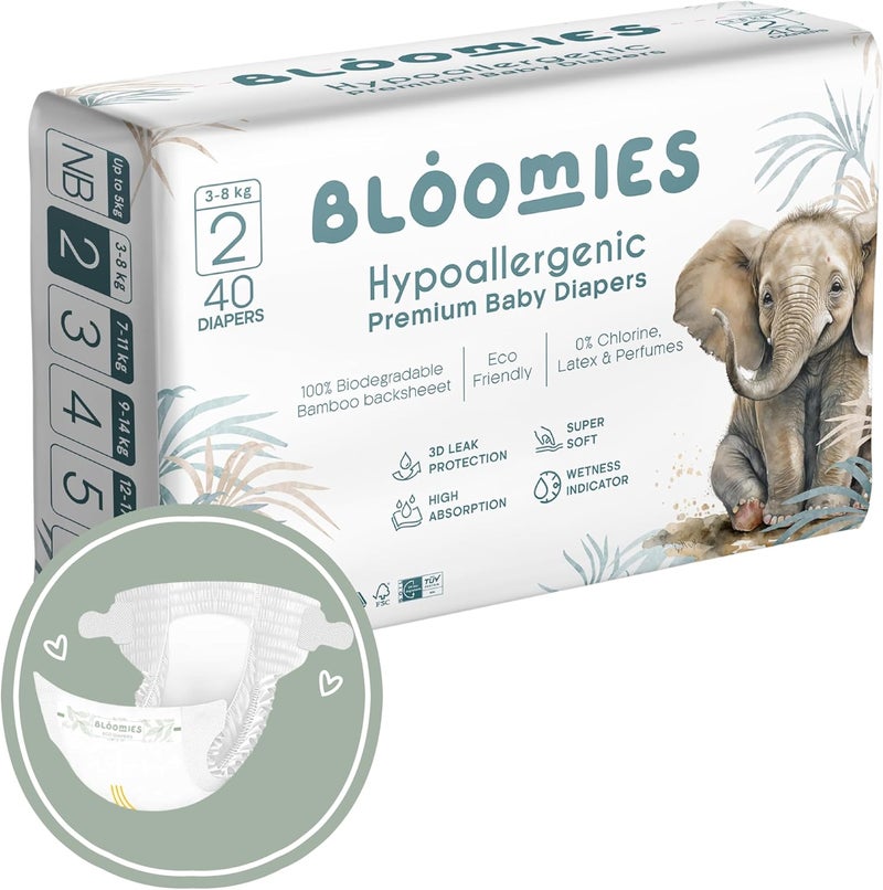 Bloomies Premium Baby Diapers Size 2,3,4, Counts 22,40,66,120, Wetness Indicator Eco-friendly and Hypoallergenic Ultra-soft Nappy Diaper Skin Friendly, Leakage Protection,100% Organic Natural Bamboo - Image 1