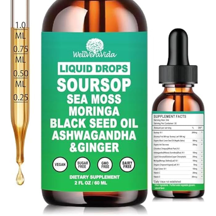 WellVeraVida Soursop Bitters Liquid Drops- Organic Soursop Leaves Extract for Energy, Skin, Immune & Gut Health丨Natural Superfood Antioxidants Supplement w/Sea Moss, Moringa, Black Seed Oil, Ashwagandha & Ginger - Image 1