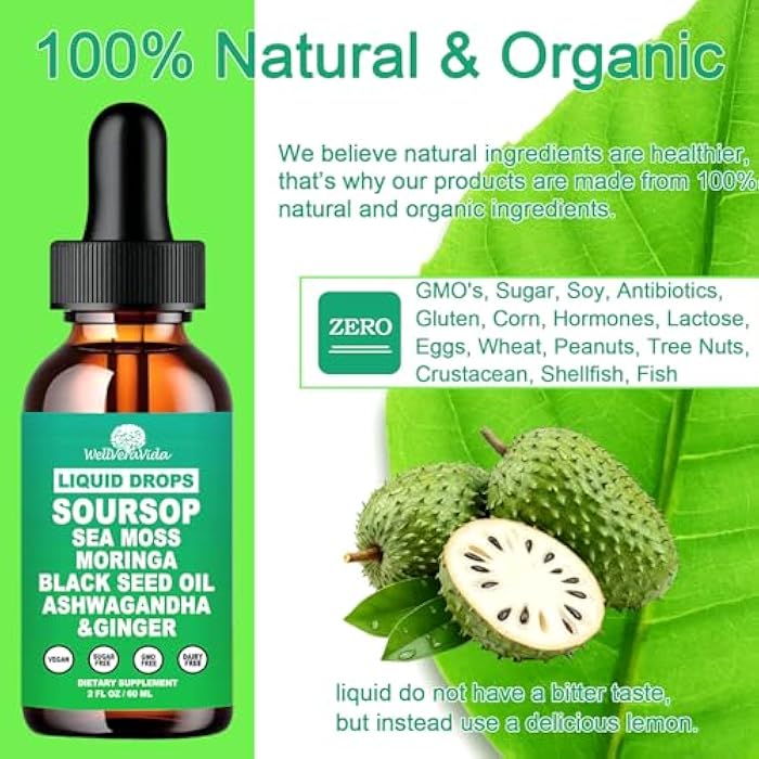 WellVeraVida Soursop Bitters Liquid Drops- Organic Soursop Leaves Extract for Energy, Skin, Immune & Gut Health丨Natural Superfood Antioxidants Supplement w/Sea Moss, Moringa, Black Seed Oil, Ashwagandha & Ginger - Image 5