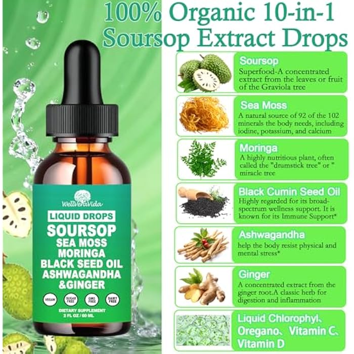 WellVeraVida Soursop Bitters Liquid Drops- Organic Soursop Leaves Extract for Energy, Skin, Immune & Gut Health丨Natural Superfood Antioxidants Supplement w/Sea Moss, Moringa, Black Seed Oil, Ashwagandha & Ginger - Image 2