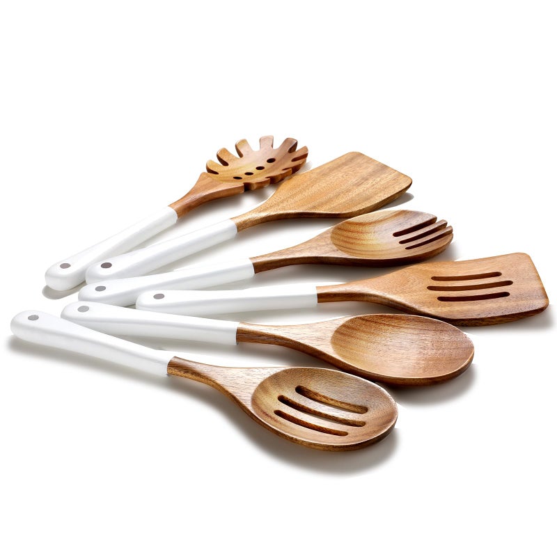 ROSOS Wooden Spoons For Cooking, 6 Pieces Natural Acacia Wooden Cooking Utensils or Non-Stick Wood Kitchen Utensil Set for Kitchen Essentials, Wooden Cooking Utensils Set with Hanging Hole, White - Image 1