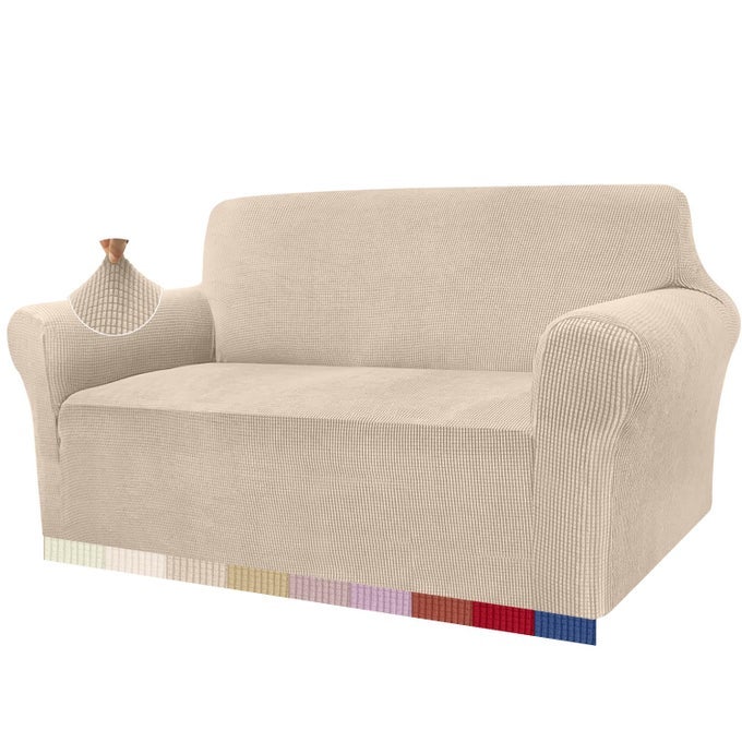 HIGH STRETCH SOFA COVERS 2 SEATER SUPER SOFT LOVESEAT COVER UNIVERSAL COUCH COVERS JACQUARD SOFA COVER FOR DOGS NON SLIP FURNITURE PROTECTOR MACHINE WASHABLE 2 SEATER BEIGE
