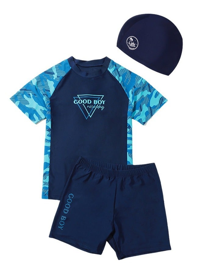 Boys Camouflage Swimsuits Set Short Sleeve Swim Shirts With Trunks And Swim Cap Quick Dry Swim Set