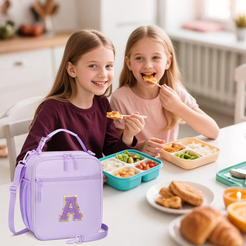 CLOUDWINGS Initial Insulated Lunch Bag for Girls Kids, Back to School Gift, Reusable Leak-proof Lunch Box with Adjustable Strap for School Daycare Travel Picnic (Purple,A) - Image 2
