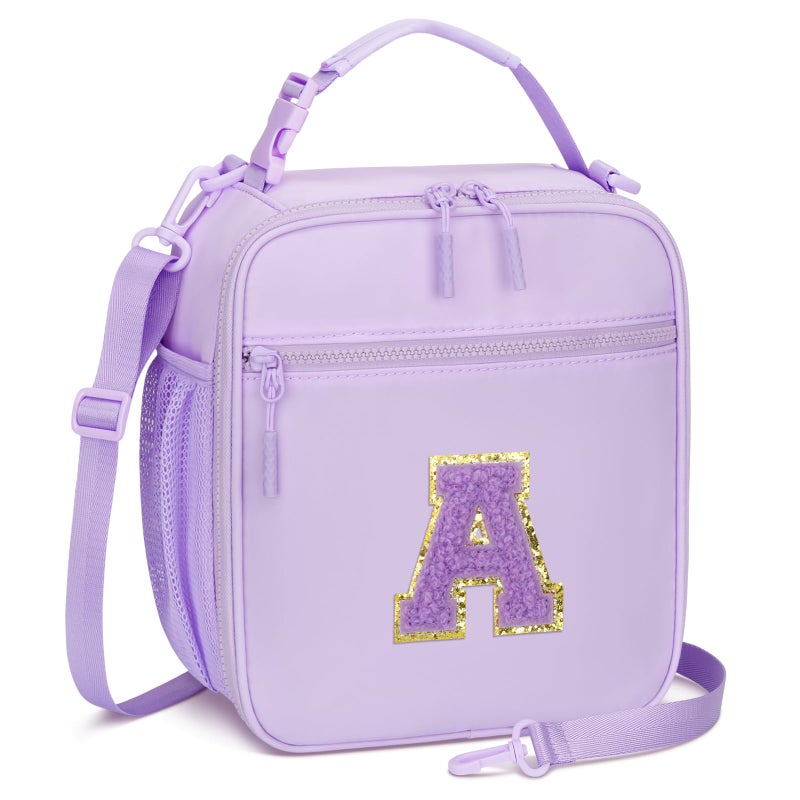 CLOUDWINGS Initial Insulated Lunch Bag for Girls Kids, Back to School Gift, Reusable Leak-proof Lunch Box with Adjustable Strap for School Daycare Travel Picnic (Purple,A) - Image 1