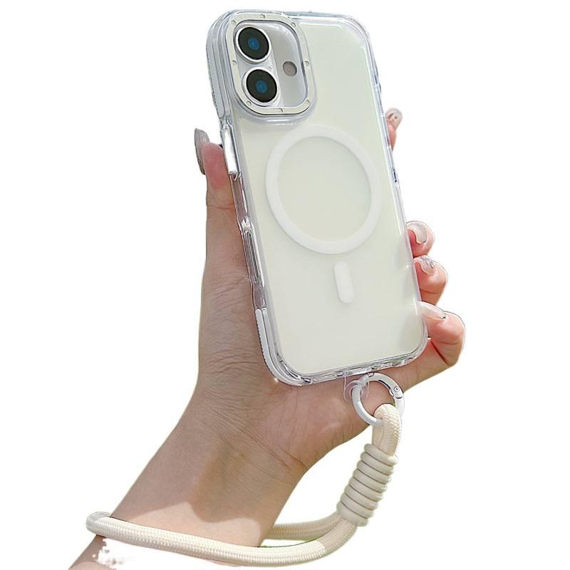 MagSafe iPhone 15 Silicone Case Protective for 15 Plus 15 Pro 15 Pro Max with Lanyard and Chameleon Gradient in White - Image 1