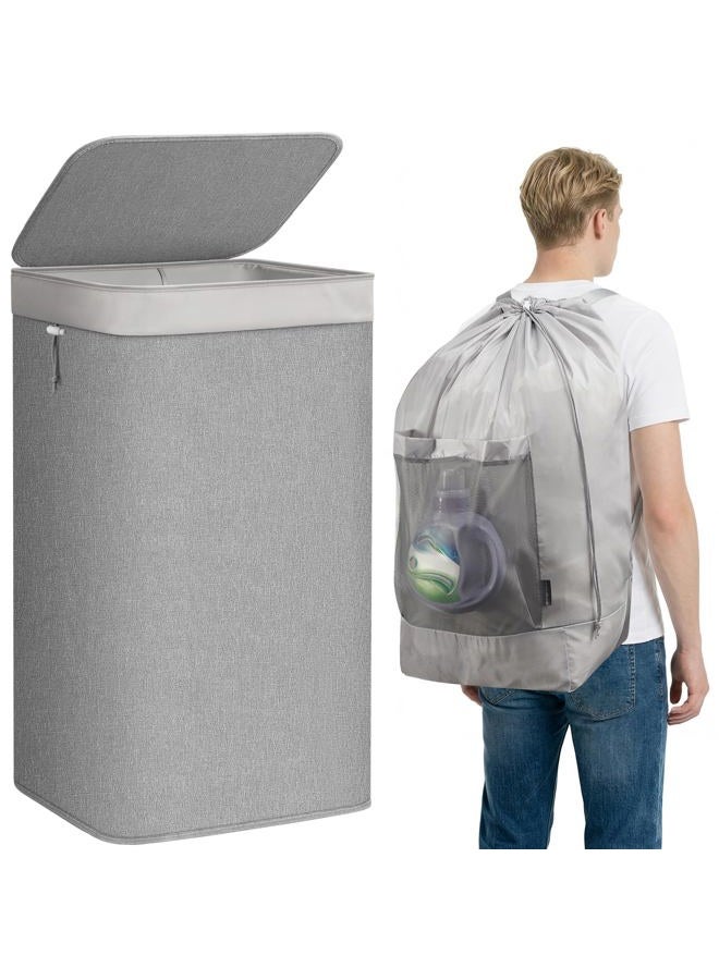 STORAGE MANIAC 2-in-1 Laundry Hamper with Laundry Backpack Bag, 90L Metal Frame Laundry Basket, Dirty Clothes Bag with Shoulder Straps and Mesh Pocket for College, Travel, Laundromat, Apartment, Gray - Image 1