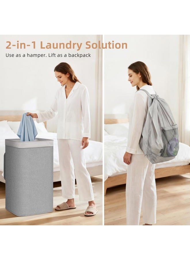 STORAGE MANIAC 2-in-1 Laundry Hamper with Laundry Backpack Bag, 90L Metal Frame Laundry Basket, Dirty Clothes Bag with Shoulder Straps and Mesh Pocket for College, Travel, Laundromat, Apartment, Gray - Image 2