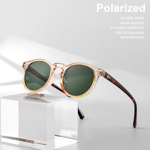 Gleyemor Fashion Polarized Round Sunglasses for Men Women Retro Vintage Acetate Frame Sunglasses (Clear Orange/G15 Green) - Image 2