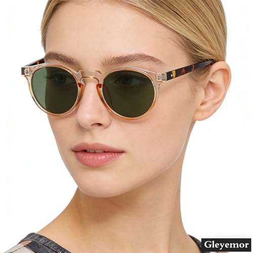 Gleyemor Fashion Polarized Round Sunglasses for Men Women Retro Vintage Acetate Frame Sunglasses (Clear Orange/G15 Green) - Image 3