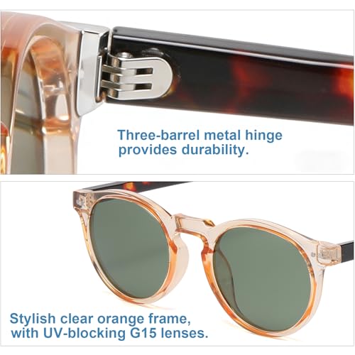 Gleyemor Fashion Polarized Round Sunglasses for Men Women Retro Vintage Acetate Frame Sunglasses (Clear Orange/G15 Green) - Image 5