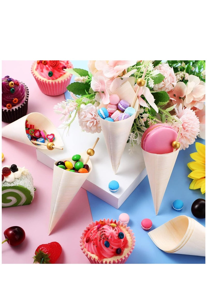 KASTWAVE 200 Pcs Disposable Wood Cones Pearl Cocktail Picks Fancy Bamboo Toothpicks for Appetizers Wooden Food Picks Ice Cream Cone Holder Cocktail Skewers for Drinks Wedding Birthday Party  - Image 5