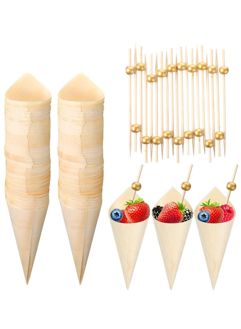 KASTWAVE 200 Pcs Disposable Wood Cones Pearl Cocktail Picks Fancy Bamboo Toothpicks for Appetizers Wooden Food Picks Ice Cream Cone Holder Cocktail Skewers for Drinks Wedding Birthday Party  - Image 1