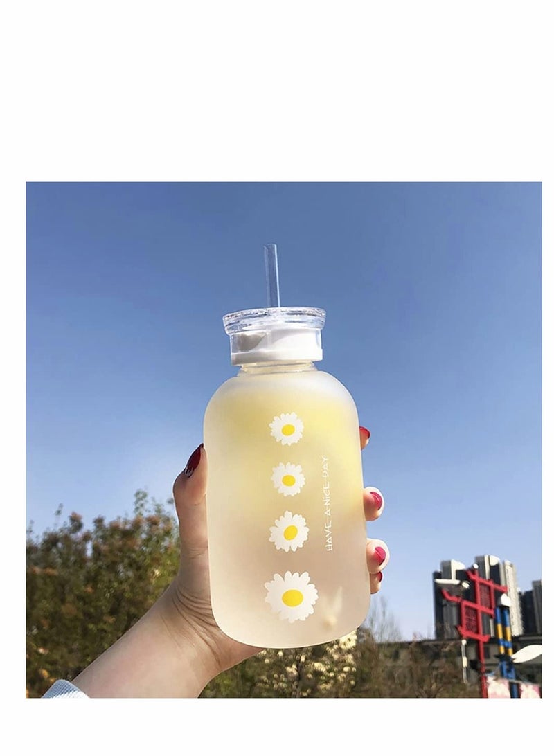Y&D Cute Water Bottle, 480ml Milk Juice Bottle with Scale 2 Lids Little daisy Matte Portable Transparent Cup Grass Bottles Creative Handy for Boy and Girls (Matte 4 flower) - Image 1