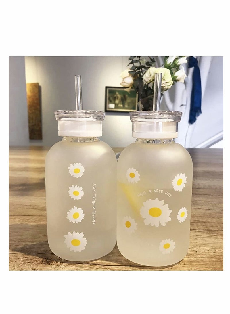 Y&D Cute Water Bottle, 480ml Milk Juice Bottle with Scale 2 Lids Little daisy Matte Portable Transparent Cup Grass Bottles Creative Handy for Boy and Girls (Matte 4 flower) - Image 4