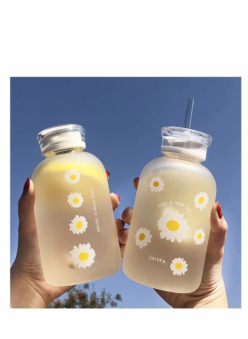 Y&D Cute Water Bottle, 480ml Milk Juice Bottle with Scale 2 Lids Little daisy Matte Portable Transparent Cup Grass Bottles Creative Handy for Boy and Girls (Matte 4 flower) - Image 5