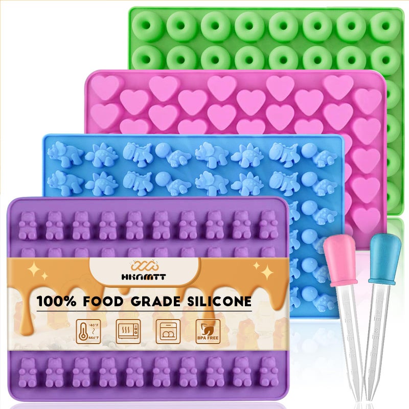 Gummy Bear Molds Silicone Mini Size Nonstick Chocolate Candy Gummy Mould for Kid with 2 Droppers Including Dinosaur Bear Hearts and Donut Shape 201 Cavities